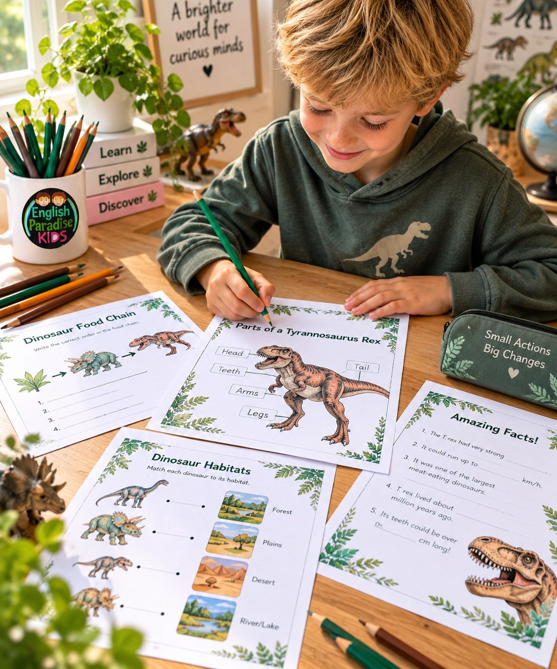 Child using dinosaur science worksheets from English Paradise Kids