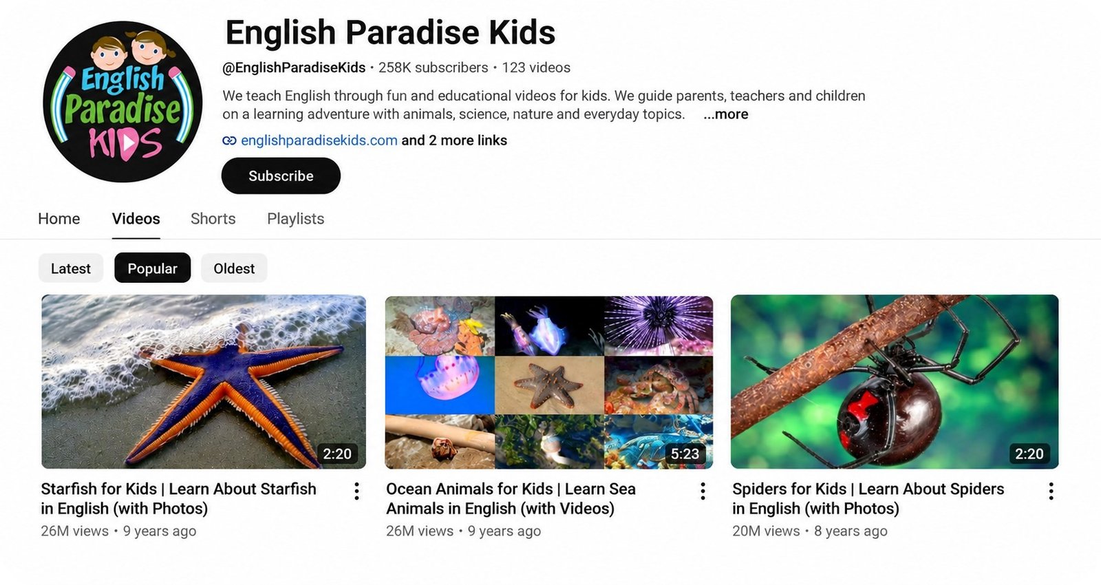 English Paradise Kids YouTube channel with educational videos for kids