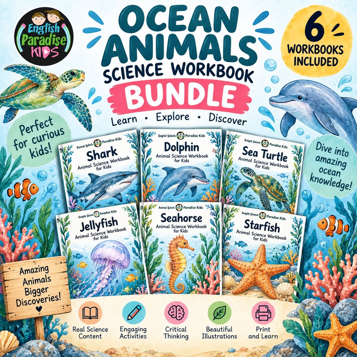 Ocean Animals Science Workbook Bundle for Kids